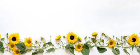 Flowers composition. Yellow sunflowers on white background. Flat lay, top view, copy spaceの素材