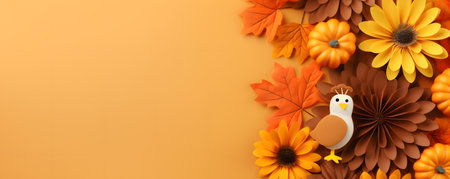 Thanksgiving background with pumpkin, quail and autumn leaves. Space for text.の素材