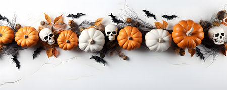 Halloween banner with pumpkins, spiders and bats on white backgroundの素材