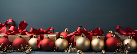 Christmas background with red and golden baubles and gift boxes on dark blue backgroundの素材