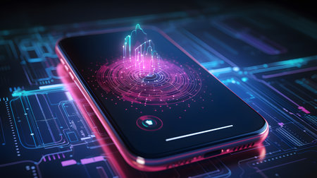 Smartphone with glowing city hologram on blue background.の素材