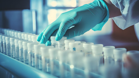 Scientist working with test tubes in laboratory, closeup of handsの素材