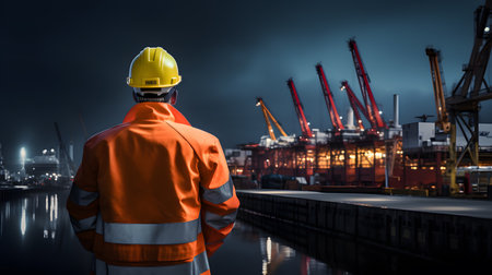 Rear view of engineer standing in front of shipyard. Mixed mediaの素材