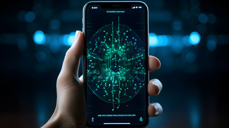 Futuristic user interface on mobile phone screen.の素材