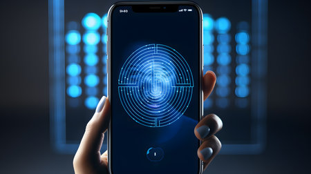 Close up view of hand holding smartphone with business hologram on screenの素材