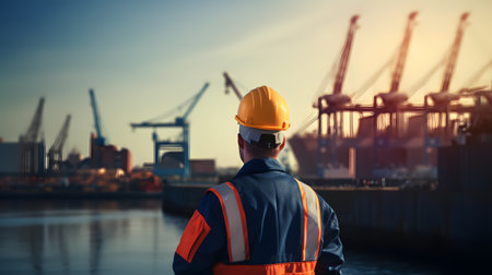 Port Engineer or Technician man working at shipyard for Logistic Import Export background.の素材