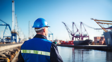 Portrait of a male engineer wearing a safety helmet and reflective vest standing at the port with cargo cranes in the backgroundの素材