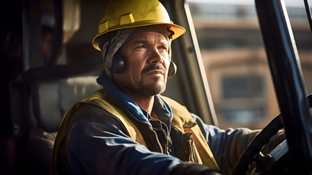 Portrait of a caucasian male worker wearing safety helmet while driving a forklift.の素材