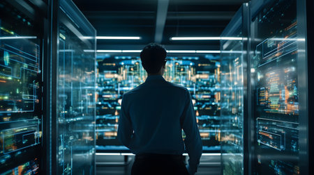 Businessman looking at data in server room. Mixed media.の素材