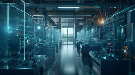 Modern factory interior with technology interface.の素材