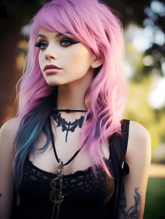 Beautiful young woman with bright pink hair in a black dress.の素材