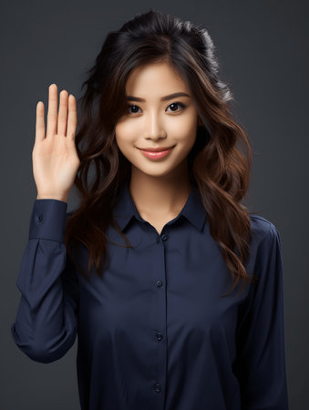 portrait of beautiful asian business woman saluting with hand, over grey backgroundの素材
