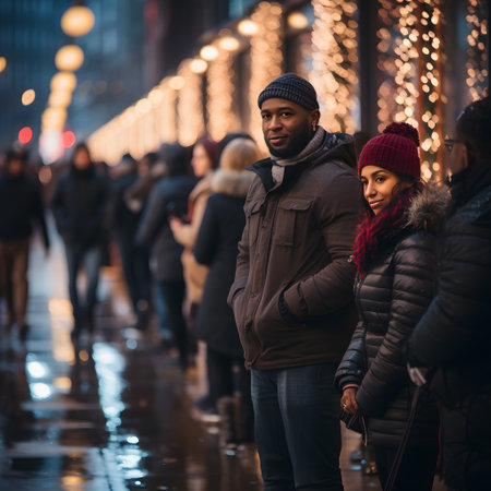 Young couple walking in the city at night with Christmas lights on background.の素材