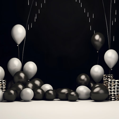Black and white balloons on a black background.の素材