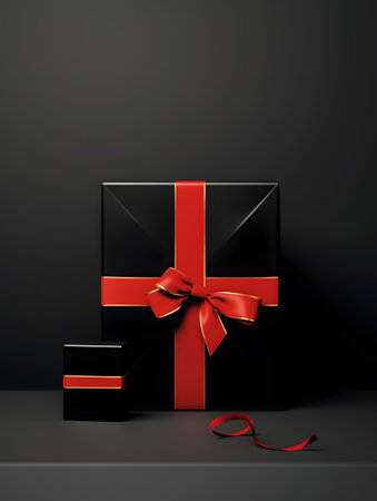 Black gift box with red ribbon on black background.の素材