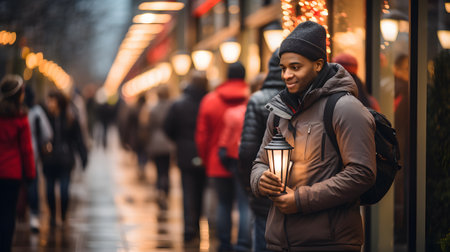 Handsome african american man with a lantern in the cityの素材