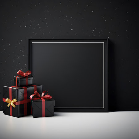 Black frame with gift boxes on a black background.の素材