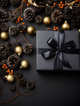Black gift box with black ribbon and christmas decoration on black backgroundの素材