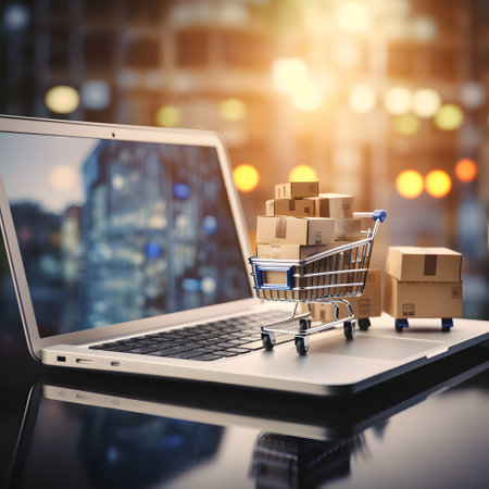 Shopping cart and boxes on laptop. Online shopping concept. 3D Renderingの素材
