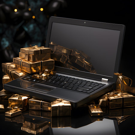 Laptop with gold gift boxes on black background. 3d illustration.の素材