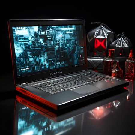 Laptop with christmas decoration on black background. 3d illustration.の素材