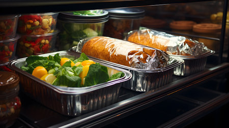 Healthy food in foil containers on the shelf of the refrigerator.の素材