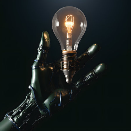 Glowing lightbulb in human hand on dark backgroundの素材