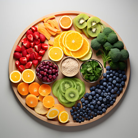 Wooden plate with different fruits and berries on grey background, top viewの素材