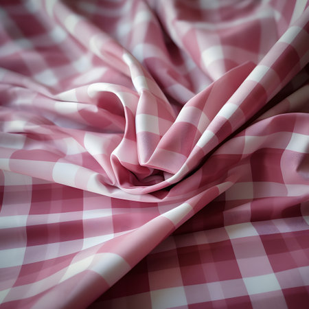 Crumpled pink and white checkered fabric as a backgroundの素材