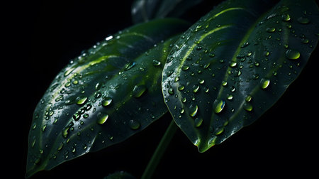 Green leaf with water drops on a black background, close-upの素材