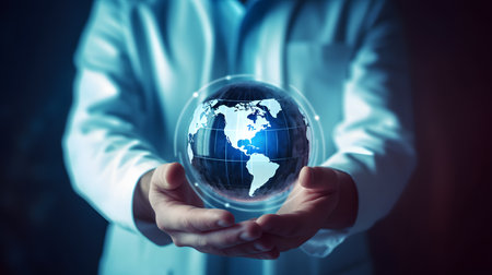 Close up of female doctor holding glowing earth globe in hands. 3D renderingの素材