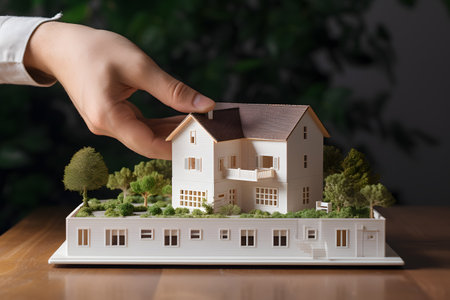 Real estate concept. Hand of real estate agent holding model house.の素材