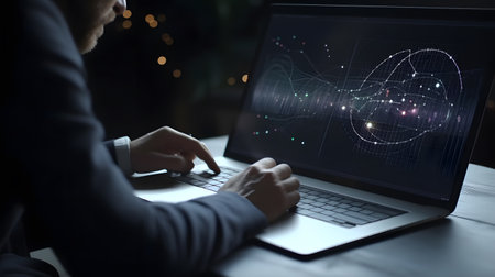 Businessman working on laptop at night in dark office. Global network concept.の素材