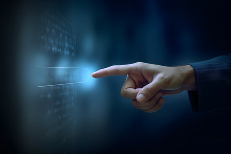 Businessman pressing virtual button on a touch screen interface with binary codeの素材