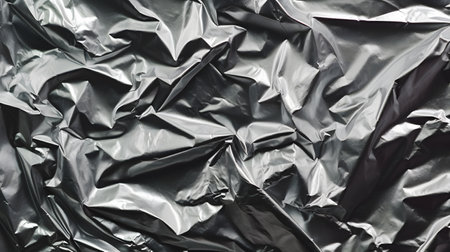 Black crumpled aluminum foil texture background. Copy space for text.の素材