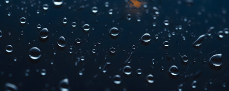 Water drops on dark blue background. Close up of water drops on glass surface.の素材