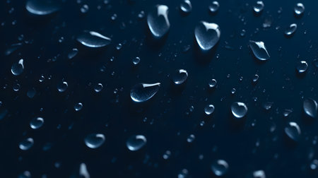 Water drops on a dark blue background. Water drops on a glass surface.の素材