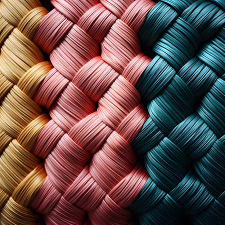 Close up of braided multicolored threads as a background.の素材