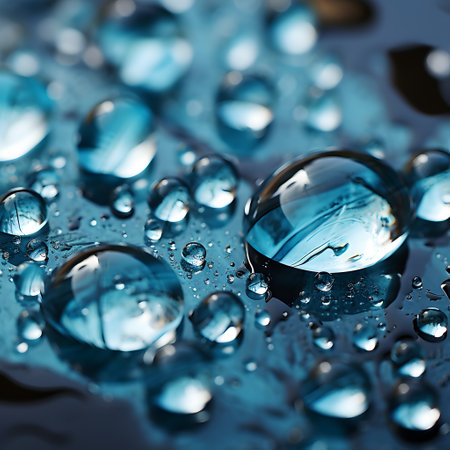 Water drops on blue metal surface, macro photo with shallow depth of fieldの素材
