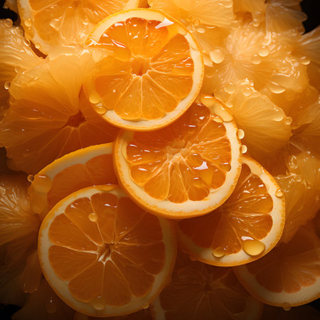 Slices of orange and lemon with water drops on dark backgroundの素材