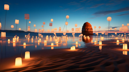 Landscape of the sea with floating lanterns.の素材