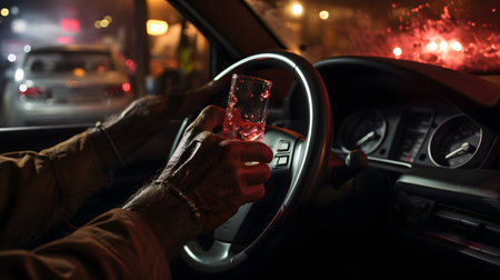 Close-up of a man's hand holding a glass of whiskey while driving a car at nightの素材