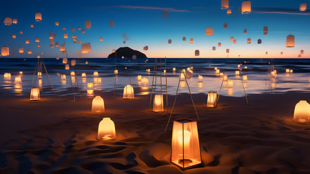 Lanterns on the beach at night. 3D renderingの素材