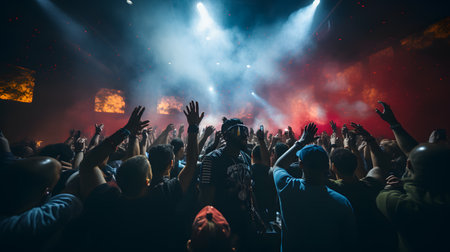 Crowd cheering at a live music concert - focus on hands and crowdの素材