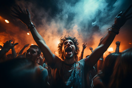 Cheering crowd in front of a concert stage during a music festivalの素材