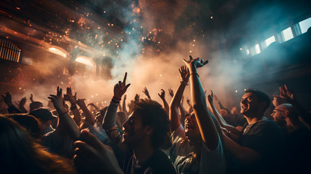 Concert crowd with raised hands in front of the stage at a music festivalの素材