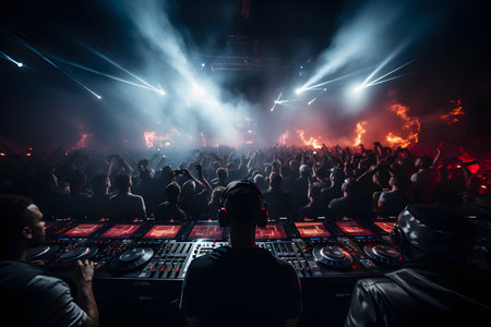 Dj mixes the track in the nightclub at a music festival.の素材