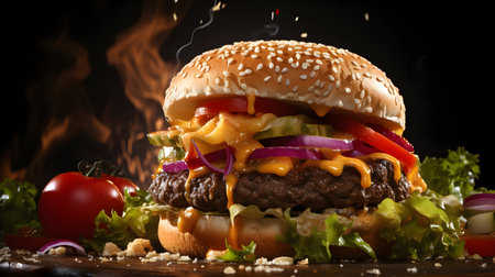 Delicious cheeseburger with beef, cheese and vegetables on a black backgroundの素材