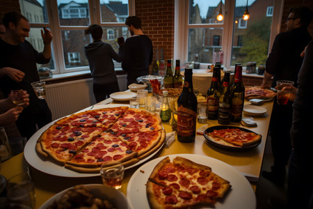 Group of friends having a party at home, eating pizza and drinking beerの素材