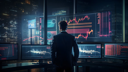 Back view of businessman looking at glowing forex chart. Mixed mediaの素材